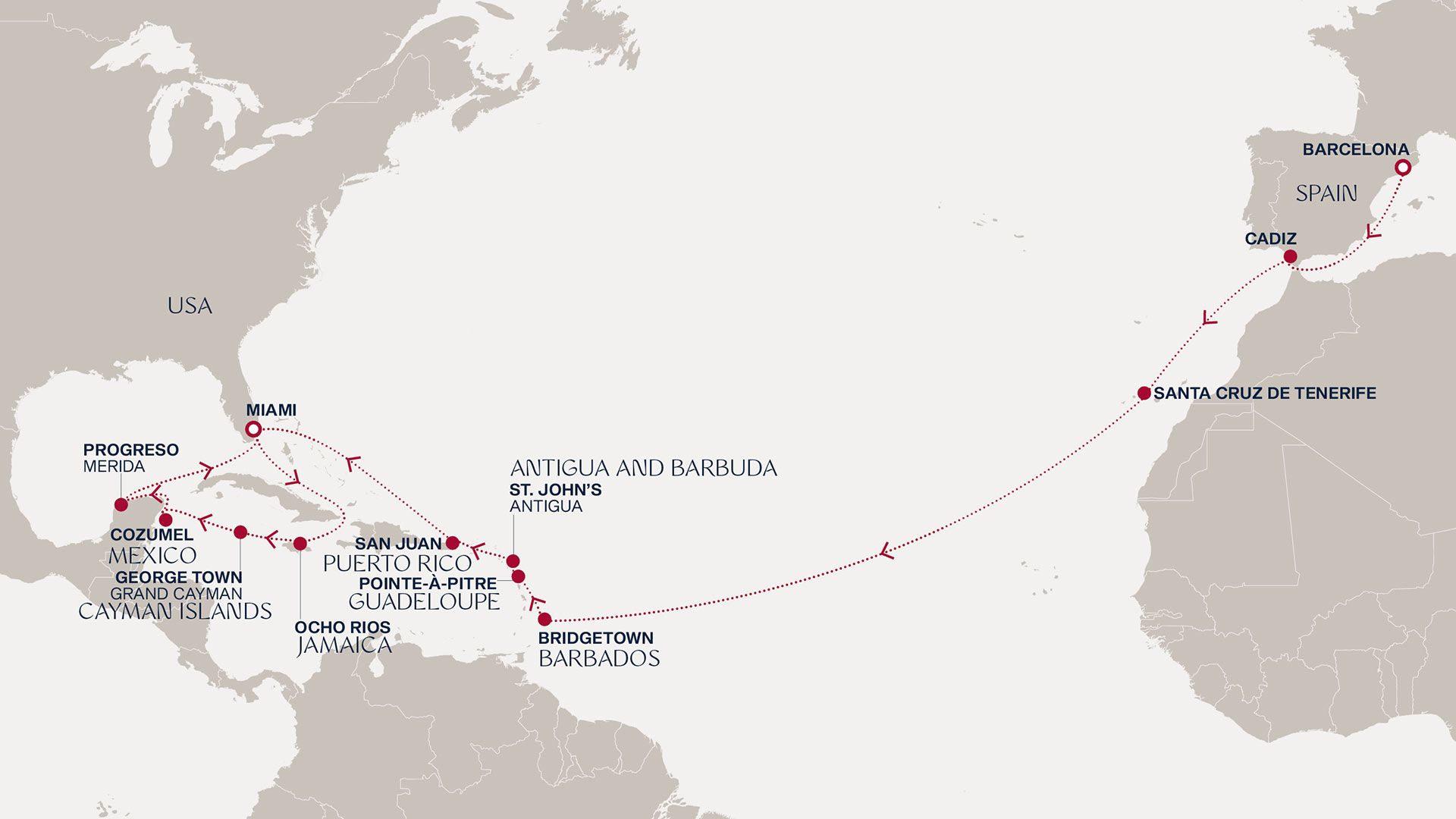 A Grand Journey from Catalonia to the Caribbean Itinerary Map